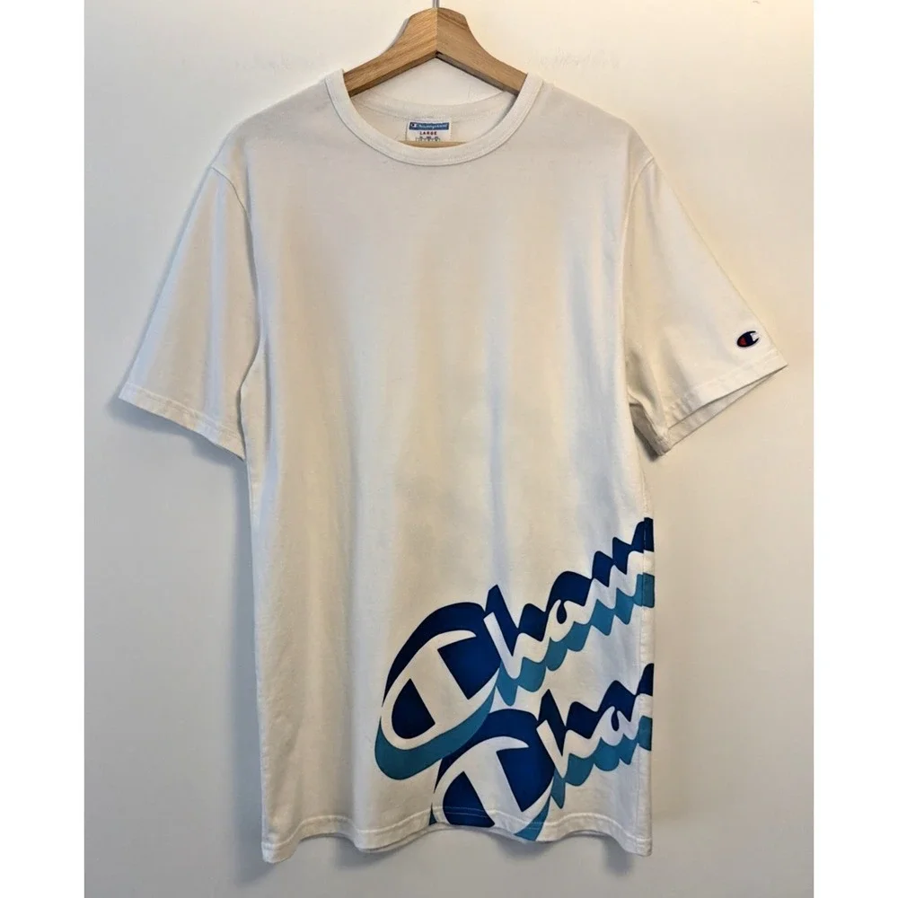 Champion T-Shirt Men's Short Sleeve Spell Out Wrap Around Size L Logo Athletic - Picture 1 of 12